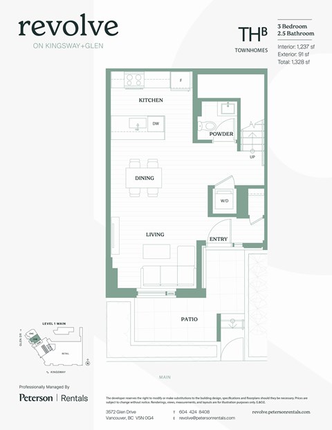 A floor plan for a 3 bedroom, 2.5 bathroom townhouse on Kingsway + Glen.